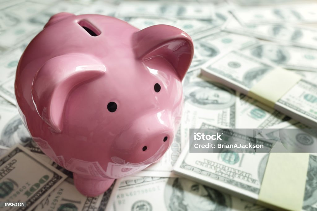 Piggy bank on money concept for business finance, investment and saving Piggy bank on money concept for business finance, investment, saving or retirement fund Piggy Bank Stock Photo