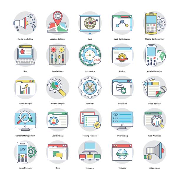 illustrations, cliparts, dessins animés et icônes de numérique et internet marketing circulaire plat icons set 7 - navigations