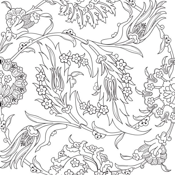 독특한 빈티지 장식 꽃 화려한 패턴 디자인 서식 파일 벡터에 대 한. 동양 주제입니다. 낙서 개요 꽃 장식 인쇄입니다. 장식 그림 초대장, 인사말 카드, 결혼식, 포장 - lace textile black asian ethnicity stock illustrations
