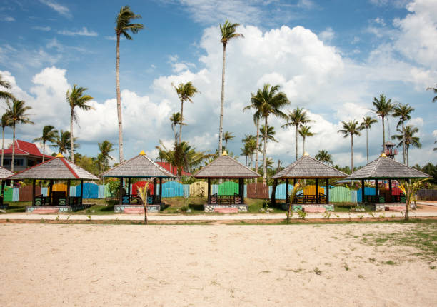 istock Huts on the beach to relax and palm trees at the  background. 849254750