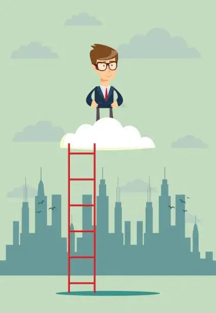 Vector illustration of Businessman standing in a cloud on top