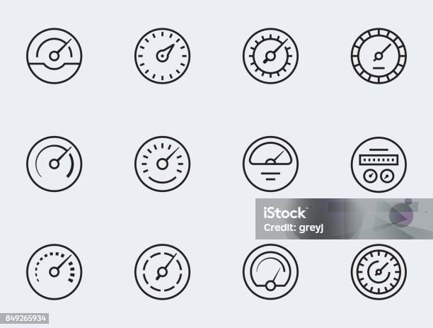 Ilustración de Icono Del Medidor En Estilo De Línea Fina Símbolos De Velocidad Aceleración Manómetros Tacómetros Etcetera y más Vectores Libres de Derechos de Ícono