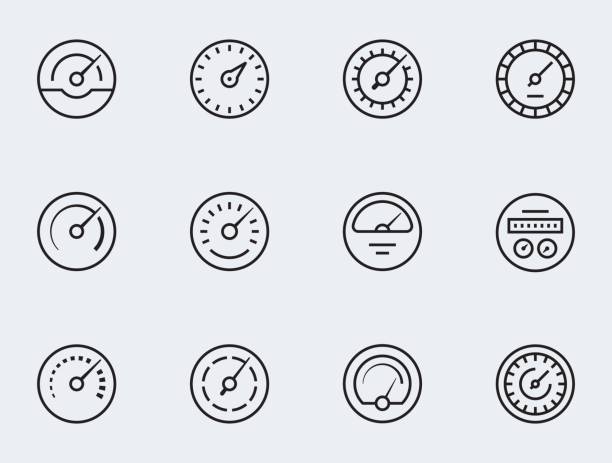 illustrations, cliparts, dessins animés et icônes de jeu d’icônes de compteur dans le style de ligne mince. symboles de compteurs, manomètres, tachymètres, etc.. - metric system