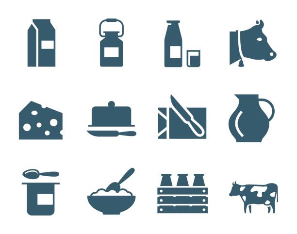 ilustraciones, imágenes clip art, dibujos animados e iconos de stock de conjunto de iconos de vector de productos lácteos - dairy product