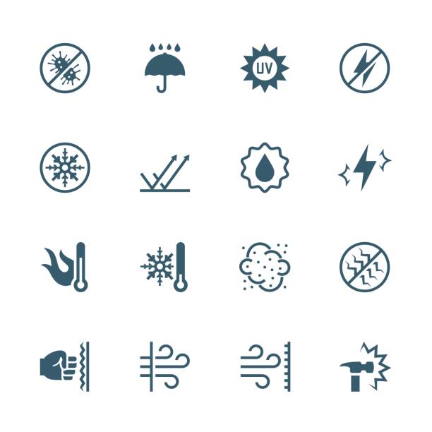 ilustraciones, imágenes clip art, dibujos animados e iconos de stock de conjunto de iconos de vector de influencia externa y la protección de él. antibacteriano, agua, calor, frío, polvo, impacto y cero resistencia, uv rayos, a prueba de choques, a prueba de viento, antiestático y etcetera. - helado condición