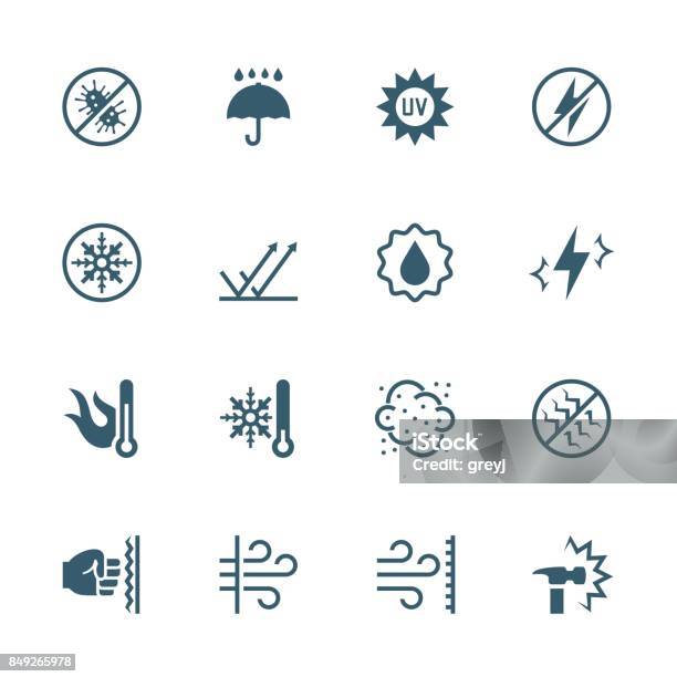 Vector Icons Set Of External Influence And Protection From It Antibacterial Water Heat Cold Dust Impact And Scratch Resistance Uv Rays Shockproof Windproof Antistatic And Etc Stock Illustration - Download Image Now