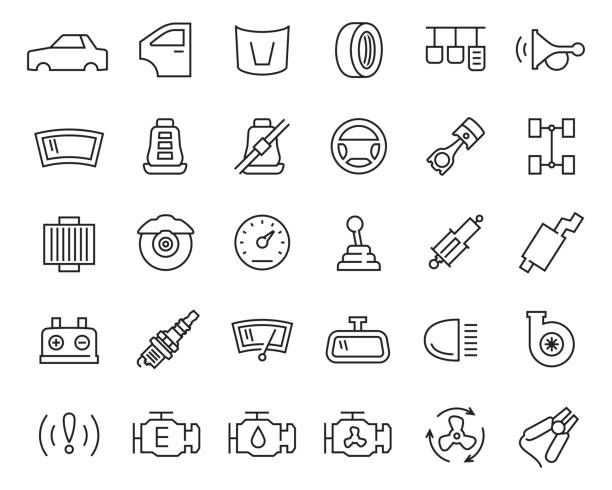Car parts vector icon set in thin line style Car parts vector icon set in thin line style tire vehicle part stock illustrations