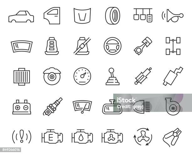 Car Parts Vector Icon Set In Thin Line Style Stock Illustration - Download Image Now - Icon Symbol, Car, Headlight