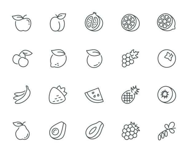 ilustrações, clipart, desenhos animados e ícones de conjunto de ícones de frutos de vetor em estilo de linha fina - raspberry