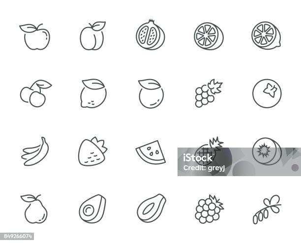 Vector Fruits Icon Set In Thin Line Style Stock Illustration - Download Image Now - Icon Symbol, Fruit, Pomegranate