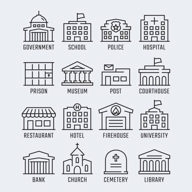 ikona wektorowa budynków rządowych ustawiona w cienkim stylu liniowym - bank symbol computer icon courthouse stock illustrations