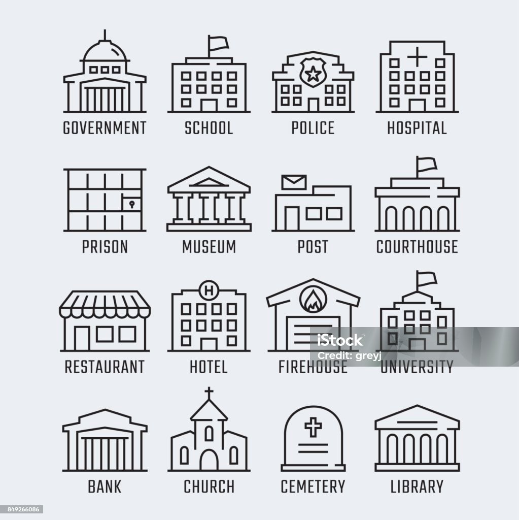 Government buildings vector icon set in thin line style Icon stock vector