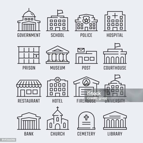 Government Buildings Vector Icon Set In Thin Line Style Stock Illustration - Download Image Now