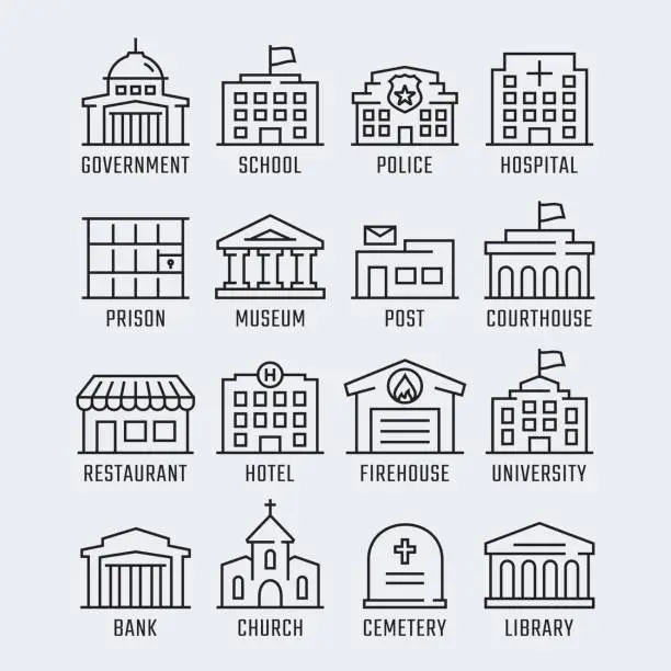 Vector illustration of Government buildings vector icon set in thin line style