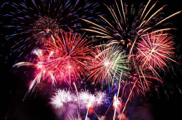 istock Colorful Fireworks  on black background, holiday celebration concept 849269636