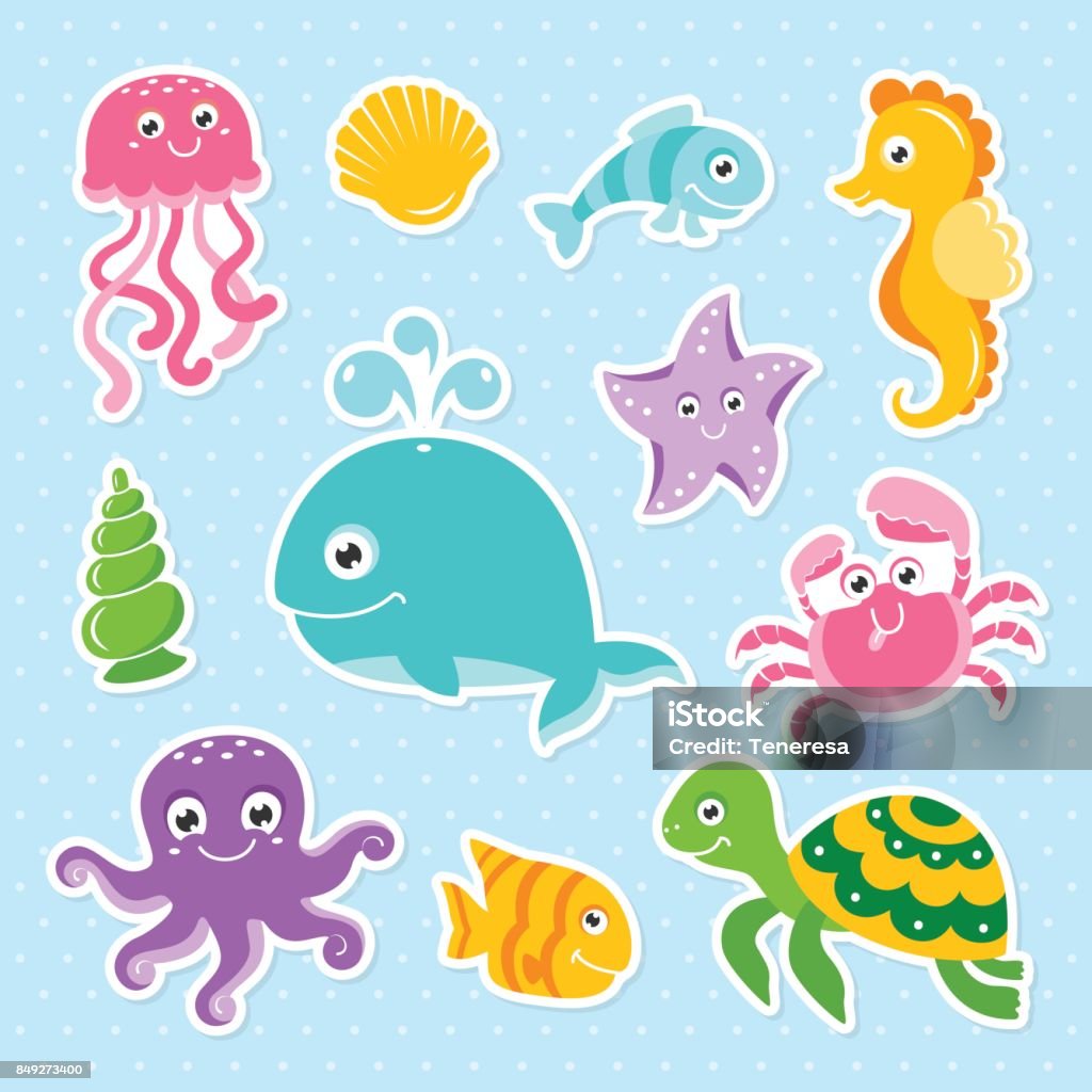 Ocean set with cute sea animals octopus turtle whale seahorse Ocean set with cute sea animals octopus turtle whale seahorse. Editable vector stickers Cute stock vector