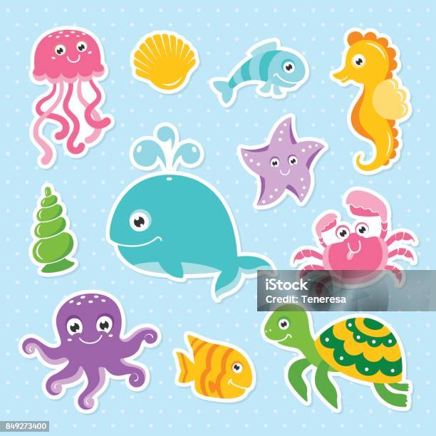 Ocean Set With Cute Sea Animals Octopus Turtle Whale Seahorse Stock Illustration - Download Image Now