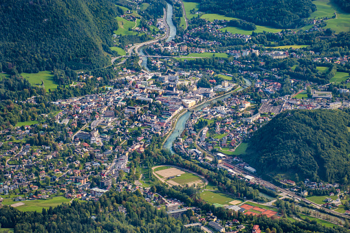 Aerial view over town of Bad Ischl from Katrin Mountain with Traun river