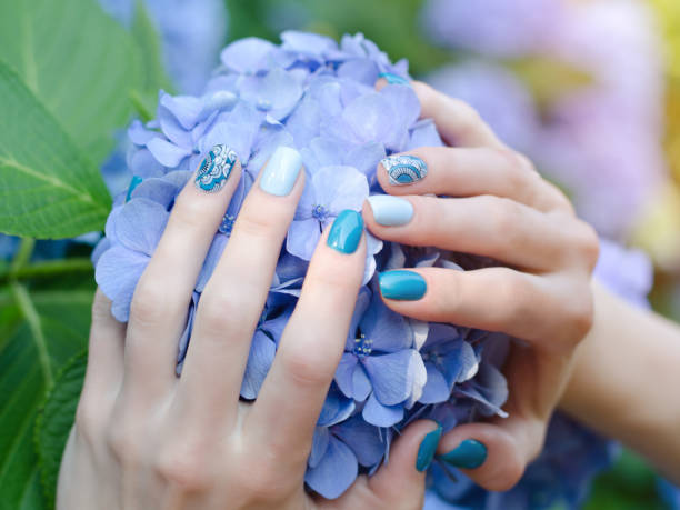 istock Female hands with a nice manicure on a blue flower 849282812