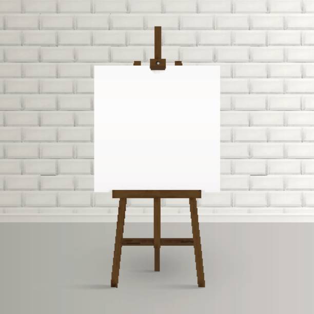 istock Blank canvas on a artist' easel. Blank art board and wooden ease.l Easel with blank canvas on a brick wall background Vector illustration. 849305388