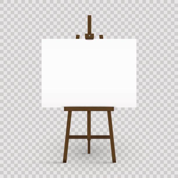 ilustrações de stock, clip art, desenhos animados e ícones de blank canvas on a artist' easel. blank art board and wooden easel isolated on transparent background. vector illustration. - artists canvas