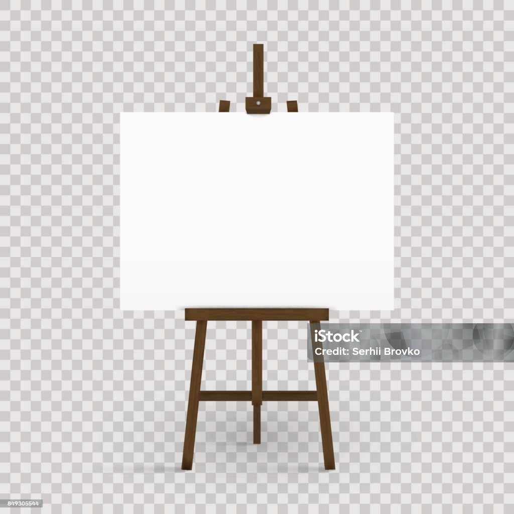 Blank canvas on a artist' easel. Blank art board and wooden easel isolated on transparent background. Vector illustration. Blank canvas on a artist' easel. Blank art board and wooden easel isolated on transparent background. Vector illustration. Eps 10. Easel stock vector