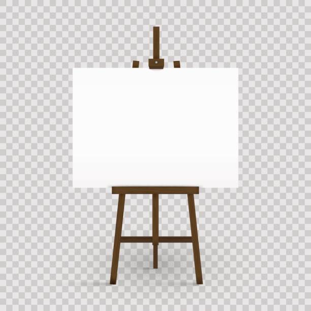 Blank canvas on a artist' easel. Blank art board and wooden easel isolated on transparent background. Vector illustration. Blank canvas on a artist' easel. Blank art board and wooden easel isolated on transparent background. Vector illustration. Eps 10. art museum illustrations stock illustrations
