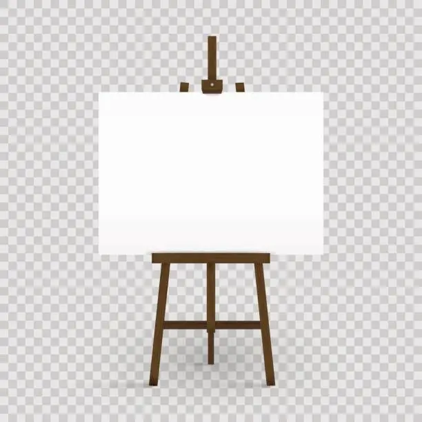 Vector illustration of Blank canvas on a artist' easel. Blank art board and wooden easel isolated on transparent background. Vector illustration.