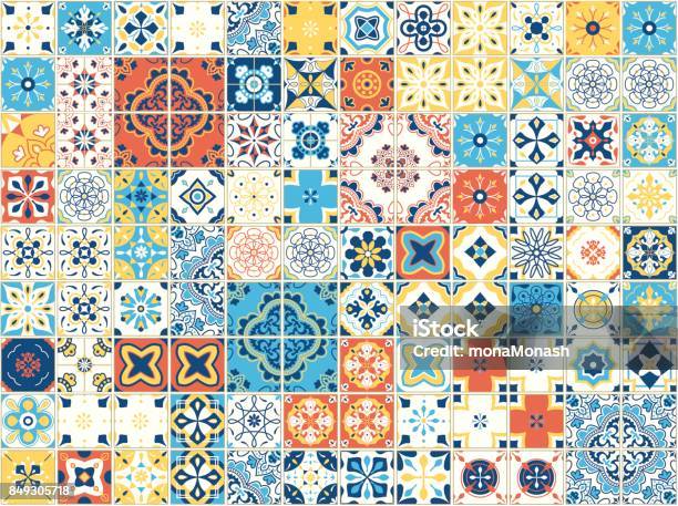 Vetores de Padrão Sem Emenda Com Azulejos Portugueses Ilustração Em Vetor De Azulejo Em Fundo Branco Estilo Mediterrâneo Projeto Multicolor e mais imagens de Portugal