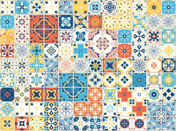 Seamless pattern with portuguese tiles. Vector illustration of Azulejo on white background. Mediterranean style. Multicolor design Seamless pattern with portuguese tiles. Vector illustration of Azulejo on white background. Mediterranean style. Multicolor design. portugal stock illustrations