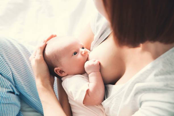 mother breastfeeding baby in her arms at home. - new childbirth new life love imagens e fotografias de stock
