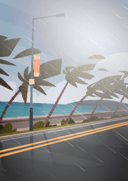 illustrations, cliparts, dessins animés et icônes de tornade entrant de sea hurricane dans l’océan vent énorme sur les palmiers et notion de catastrophe naturelle tropicale road - tornado storm road disaster