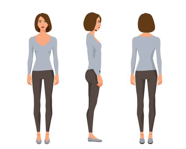 ilustrações de stock, clip art, desenhos animados e ícones de vector illustration of three girl with shirt hair in casual clothes under the white background.cartoon realistic people illustration.flat young woman.front view girl,side view girl,back side view girl - body woman back