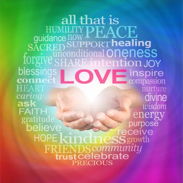 Healer's hands cupped with a LOVE word cloud surrounding on a rainbow coloured spiraling background