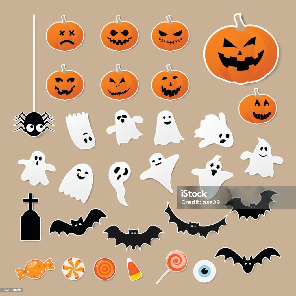 Feliz halloween conjunto de caracteres en estilo etiqueta engomada de la historieta con calabaza, araña, fantasma, murciélago y caramelo sobre papel. Ilustración de vector. - arte vectorial de Halloween libre de derechos