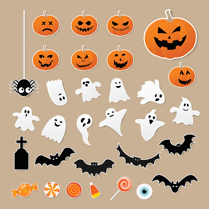 Happy halloween set of characters in cartoon sticker style with pumpkin, spider, ghost, bat and candy on paper background. Vector illustration.