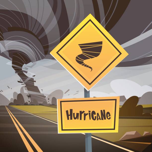 illustrations, cliparts, dessins animés et icônes de panneau de signalisation avertissant de tornade, ouragan de twister campagne vent tourbillon détruire champ catastrophe naturelle concept - tornado storm road disaster