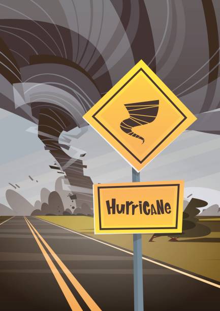 illustrations, cliparts, dessins animés et icônes de panneau de signalisation avertissant de tornade, ouragan de twister campagne vent tourbillon détruire champ catastrophe naturelle concept - tornado storm road disaster