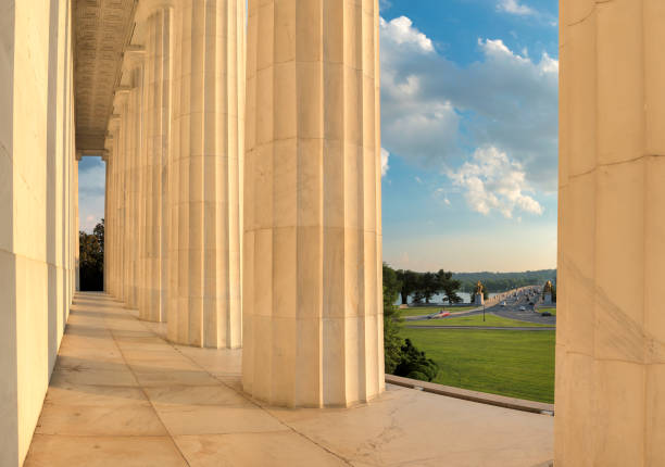 Arlington bridge from Lincoln Memorial at sunset. Columns of the Lincoln Memorial at sunset, Washington DC, USA arlington memorial bridge photos stock pictures, royalty-free photos & images