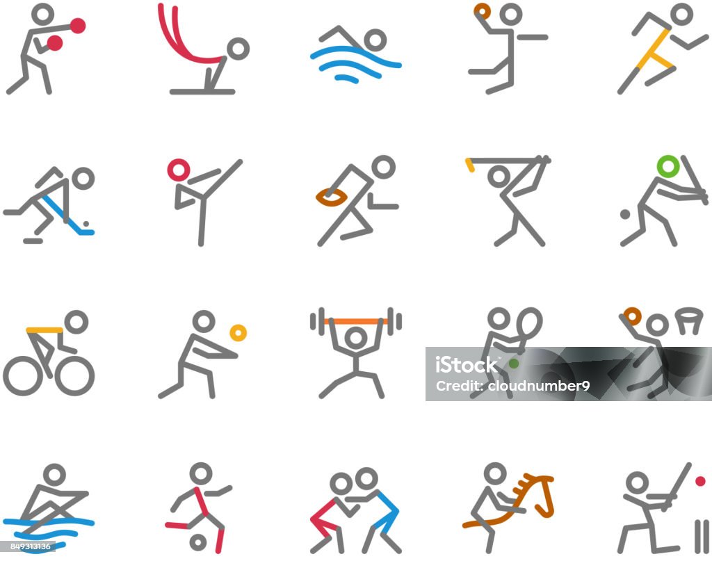 Sport Icons,  Monoline, human figure concept The icons were created on a 32x32 pixel aligned, perfect grid providing a clean and crisp appearance. Adjustable stroke weight. Also, there are outline stroke, black icons in different layers. Symbol stock vector