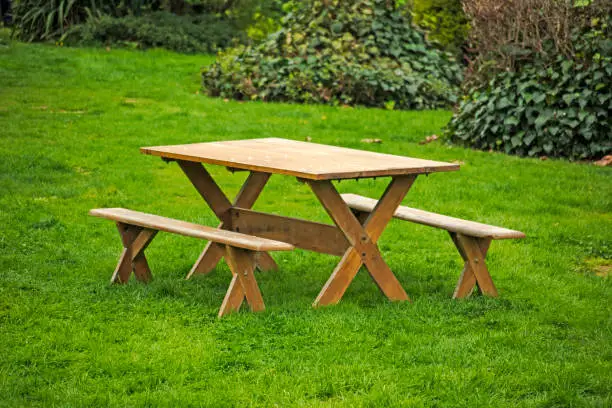 Photo of Picnic table on a green meadow