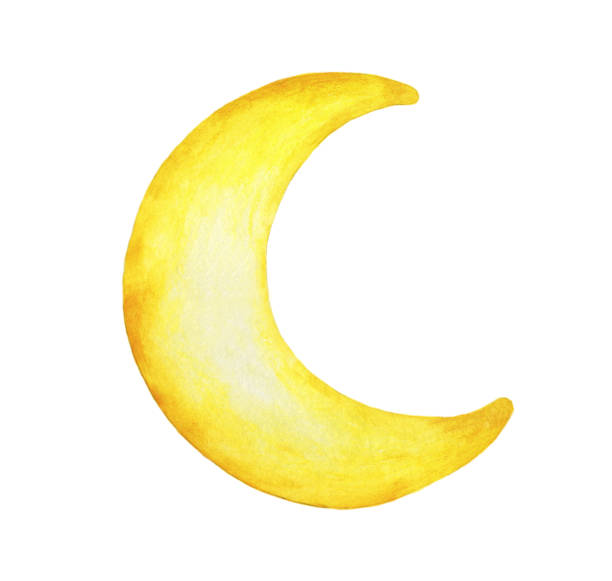 illustrazioni stock, clip art, cartoni animati e icone di tendenza di luna crescente gialla dipinta isolamento su sfondo bianco - illustrazione acquerello. - crescent