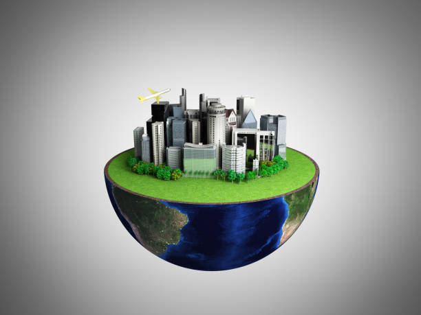 istock Urbanization concept with globe and city on abstract white background 3D Rendering 849320662