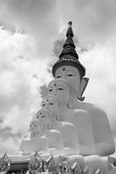 black and white tone of multiple of buddha statue overlapping in the public temple in Thailand