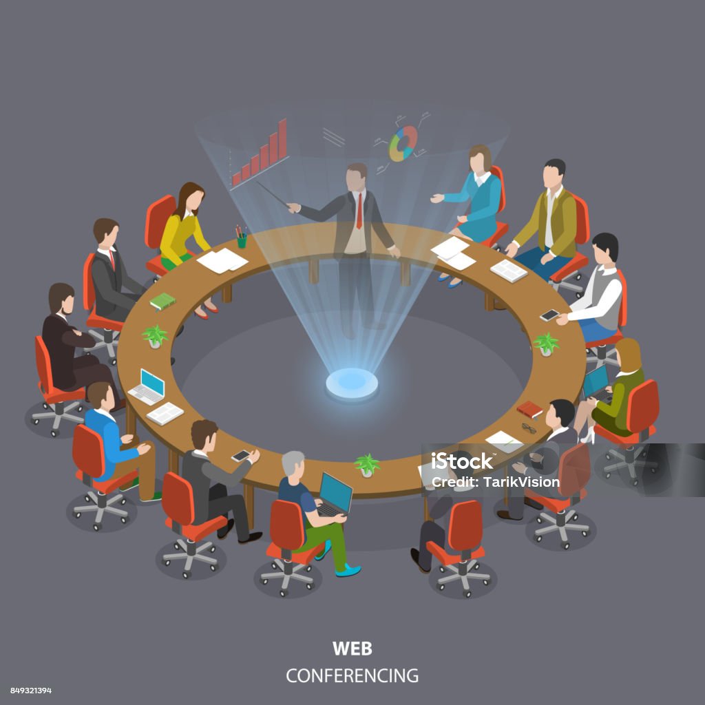 Web conferencing flat isometric low poly vector concept. Web conferencing flat isometric low poly vector concept. Business people are sitting at the round table and listening a speaker who shows his report through the hologram technology. Isometric Projection stock vector