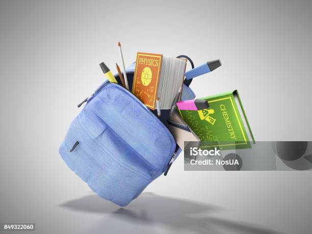 Blue Backpack With School Supplies 3d Render On Blue Stock Photo - Download Image Now