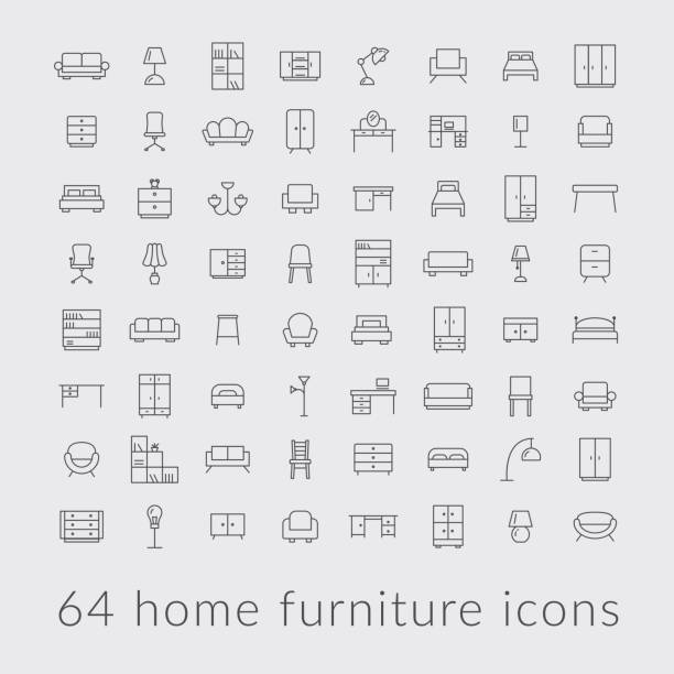 große auswahl an wohnmöbel symbole - möbel stock-grafiken, -clipart, -cartoons und -symbole