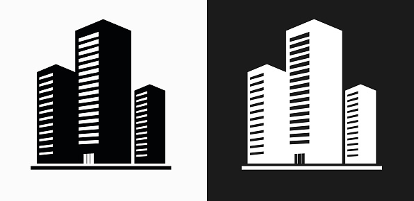 Three Buildings Icon on Black and White Vector Backgrounds. This vector illustration includes two variations of the icon one in black on a light background on the left and another version in white on a dark background positioned on the right. The vector icon is simple yet elegant and can be used in a variety of ways including website or mobile application icon. This royalty free image is 100% vector based and all design elements can be scaled to any size.