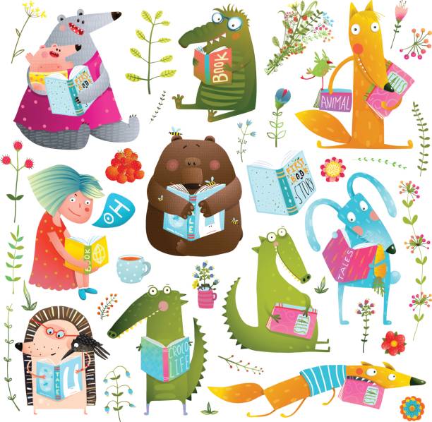 Funny Animal Kids Studying Reading Books Collection Children education and reading items, schooling big bundle. Vector illustration. reading illustrations stock illustrations