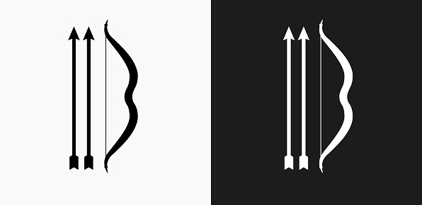 One Bow and Two Arrows Icon on Black and White Vector Backgrounds. This vector illustration includes two variations of the icon one in black on a light background on the left and another version in white on a dark background positioned on the right. The vector icon is simple yet elegant and can be used in a variety of ways including website or mobile application icon. This royalty free image is 100% vector based and all design elements can be scaled to any size.